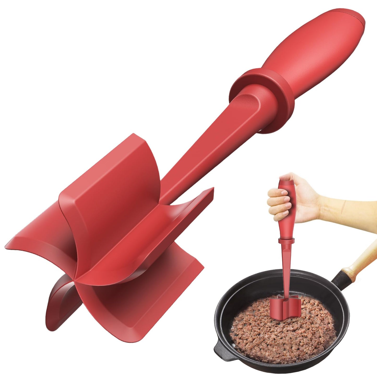 Upgrade Meat Chopper, Heat Resistant Meat Masher for Hamburger Meat, Ground Beef Smasher, Nylon Hamburger Chopper Utensil, Ground Non Stick Mix Chopper, Mix and Chop, Potato Masher Tool（Red）