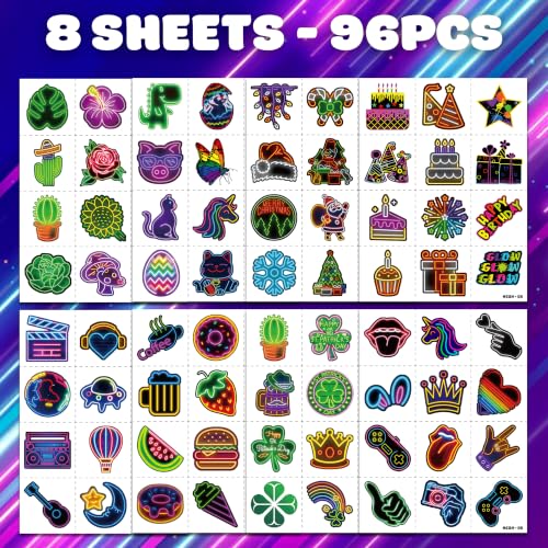96 Neon Temporary Tattoos for Kids & Adults - 8 Sheets