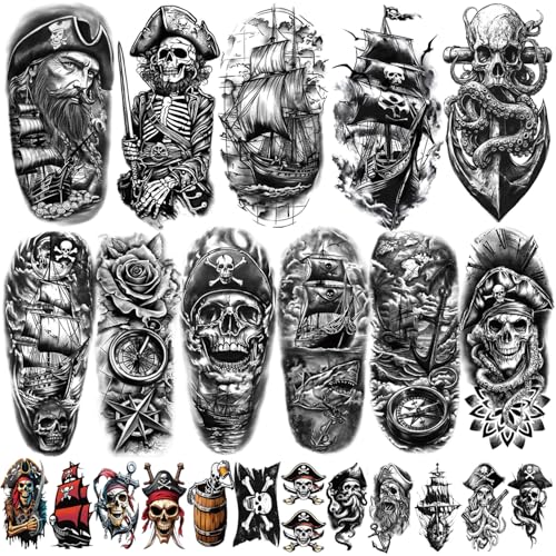 77 Pirate Temporary Tattoos - Nautical Sleeve Fake Tattoos