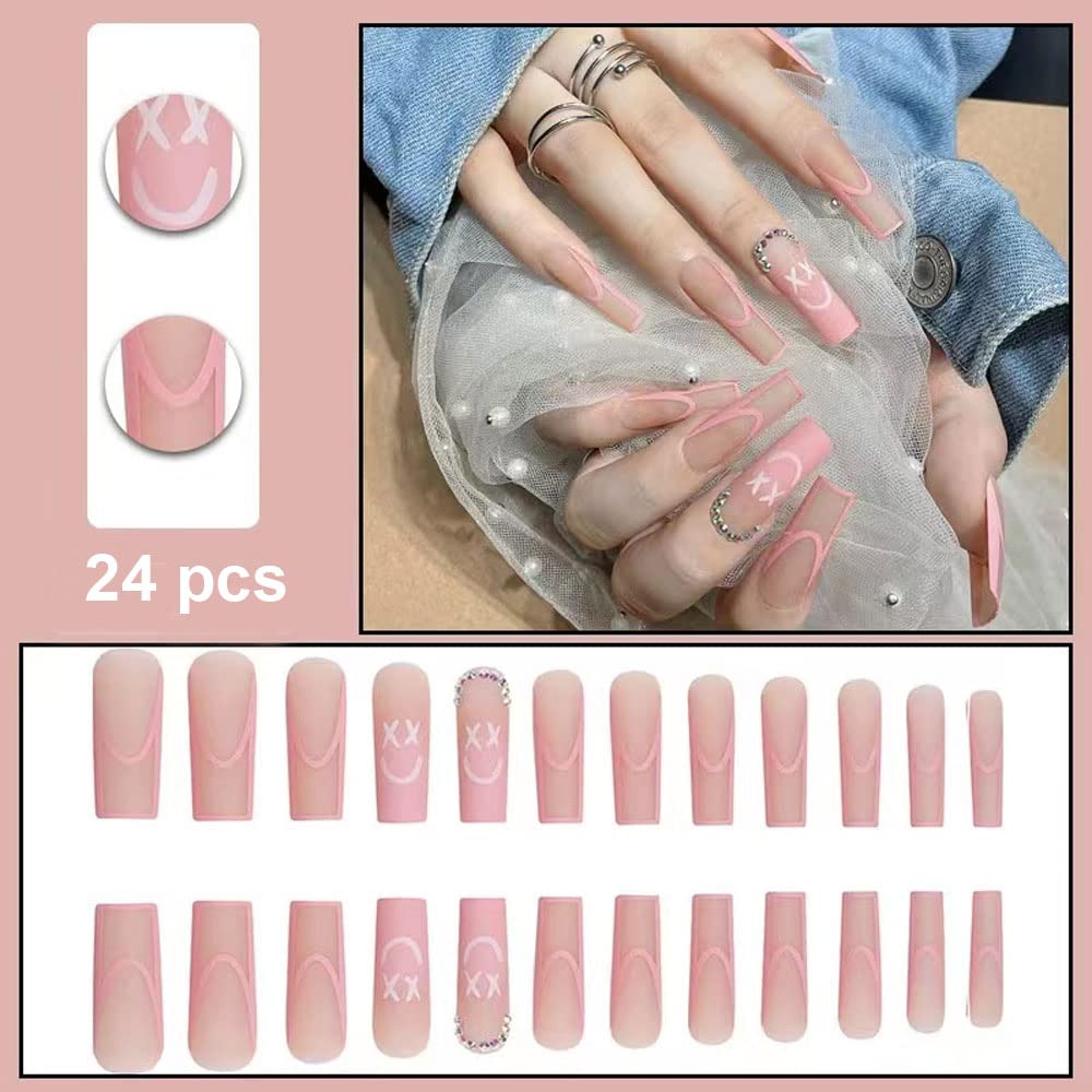 Magrace Long Square Press on Nails Fake Nails French Tips False Nails with Designs Rhinestone 24 pcs Stick on Nails for Women