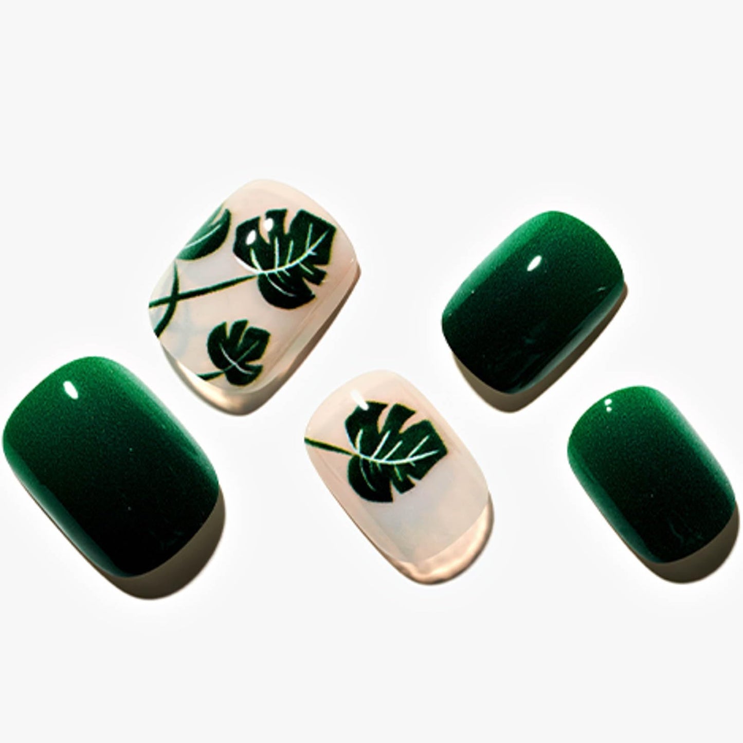 GLAMERMAID Press on Nails Short Squoval, Green False Nails with Leaf,24 Pcs Glue on Nails for Women,UV Glossy Reusable Acrylic Stick on Nails Tips for