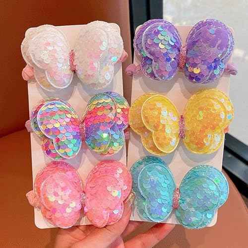 Lemeilleur 14 Pcs Sequined Butterfly Hair Ties Bow Hair Ties Elastic Rubber Bands Hair Scrunchies for Toddlers Girls Rainbow Sequin Sparkle Ponytail Holders Hair Accessories