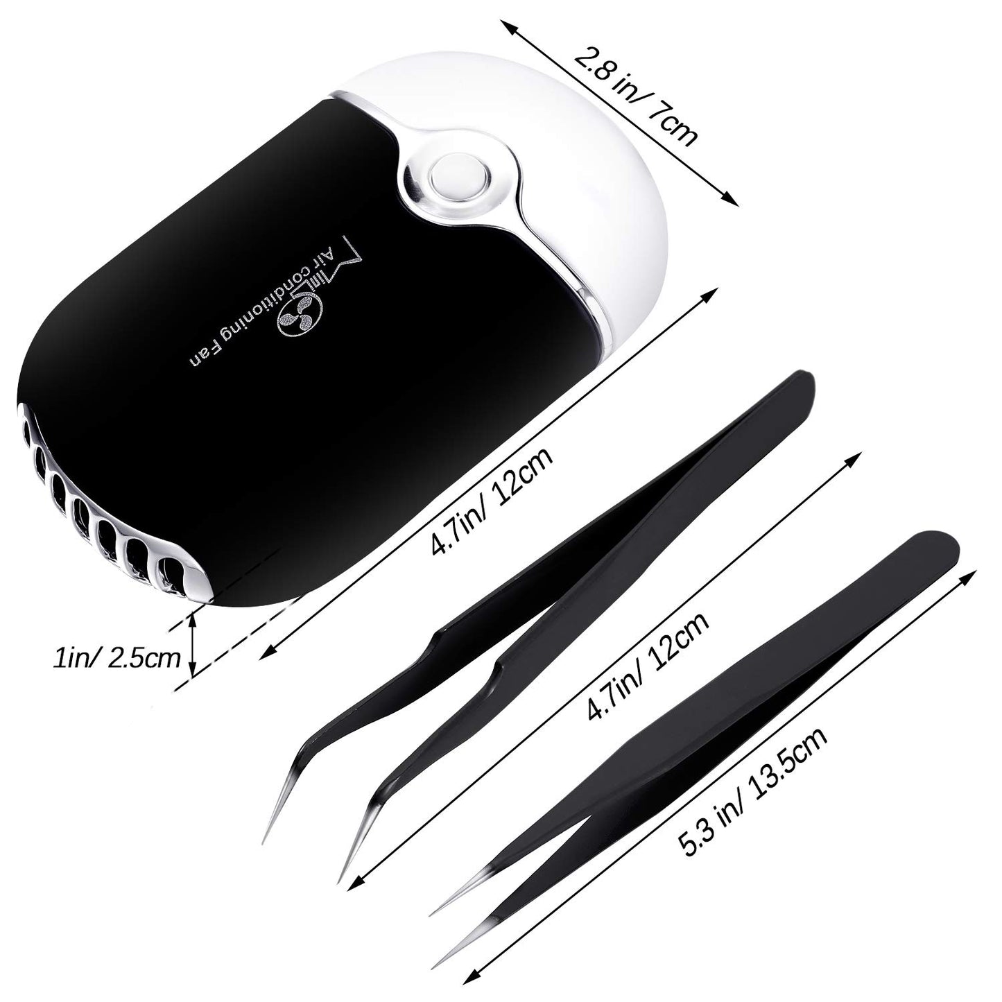 USB Air Conditioning Blower Handheld Eyelash Fan Dryer Rechargeable Eyelashes Dryer Fan Mini Portable Fans with 2 Pieces Straight and Curved Tweezers for Eyelash Extensions Girls Women (Black)