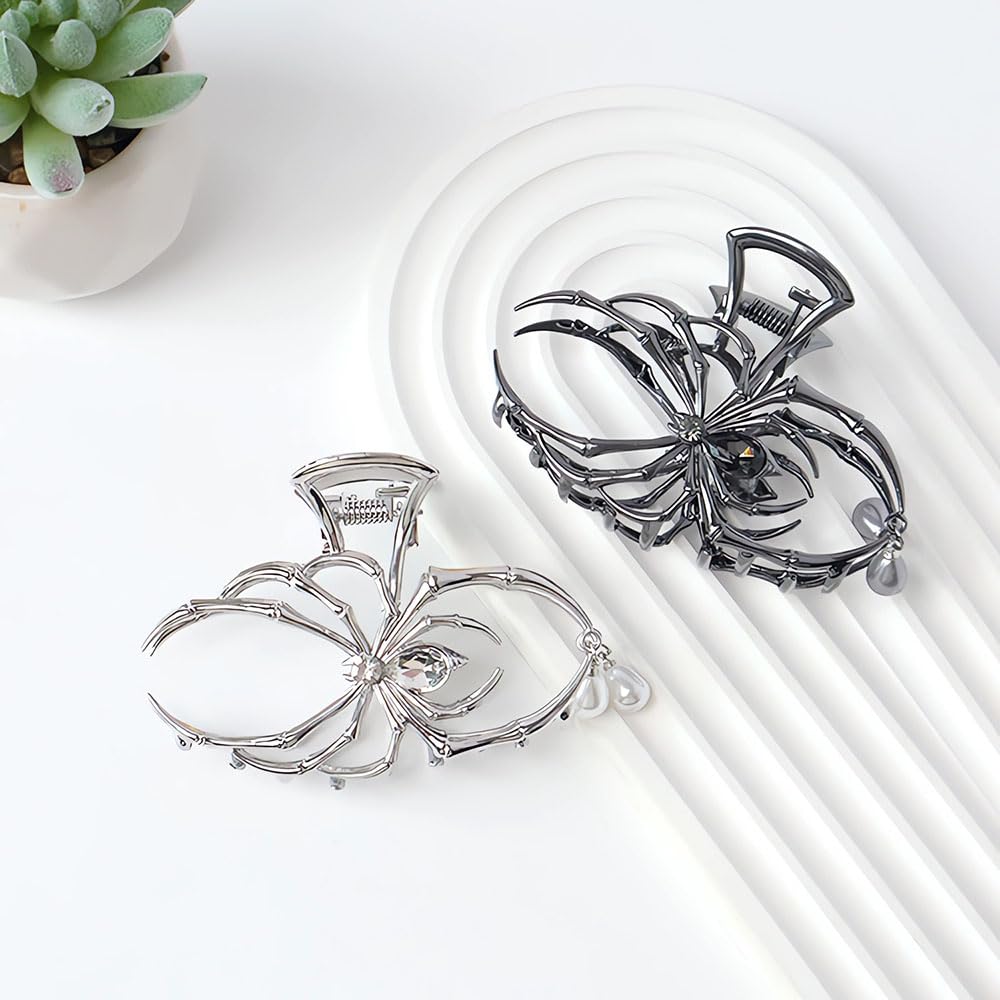 Halloween Hair Claw Clips Metal Sliver Spider Hair Clips for Thick or Thin Hair Punk Spider Hair Clamp Clips with Pearl Design Strong Hold Jaw Clips for Women Halloween Hair Accessories 1 Pack