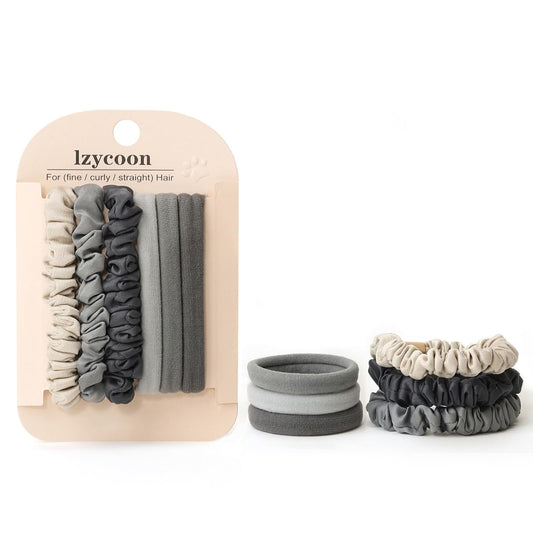 Izycoon Scrunchies for Women，6 Pcs Set Elastic Hair Ties No Damage for Thick Hair, Soft Satin Scrunchies and Seamless Cotton Bands for Womens and Grils Gray