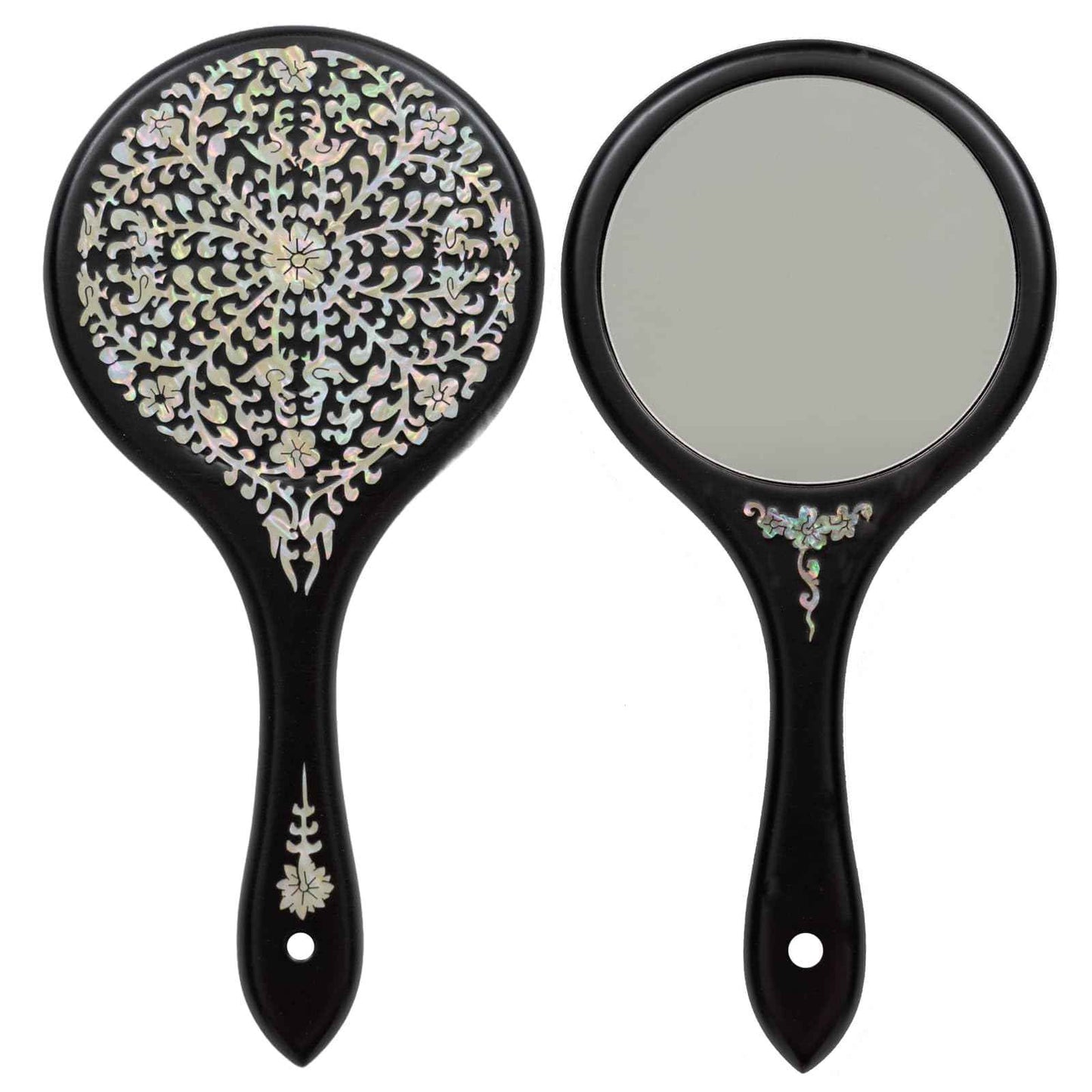 February Mountain Mother-of-Pearl Hand Mirror – Korean Black Lacquer Mirror with Floral Inlay – Gift for Women, Mom, Wife, Daughter – Birthday, Mother’s Day, Christmas, Anniversary