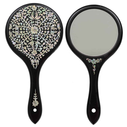 February Mountain Mother-of-Pearl Hand Mirror – Korean Black Lacquer Mirror with Floral Inlay – Gift for Women, Mom, Wife, Daughter – Birthday, Mother’s Day, Christmas, Anniversary