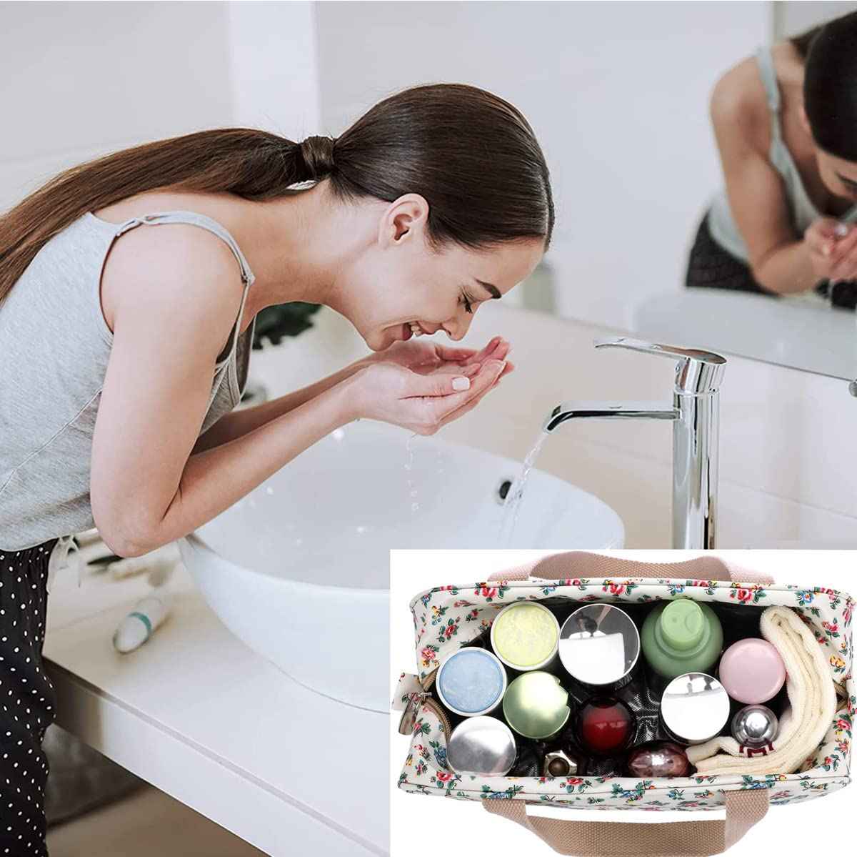 Hjkiopc Large Makeup Bag Toiletry Bag for Women Make Up Bag Cosmetic Bag Toiletries Bag Brush Bags for Traveling (Little Flower Beige)