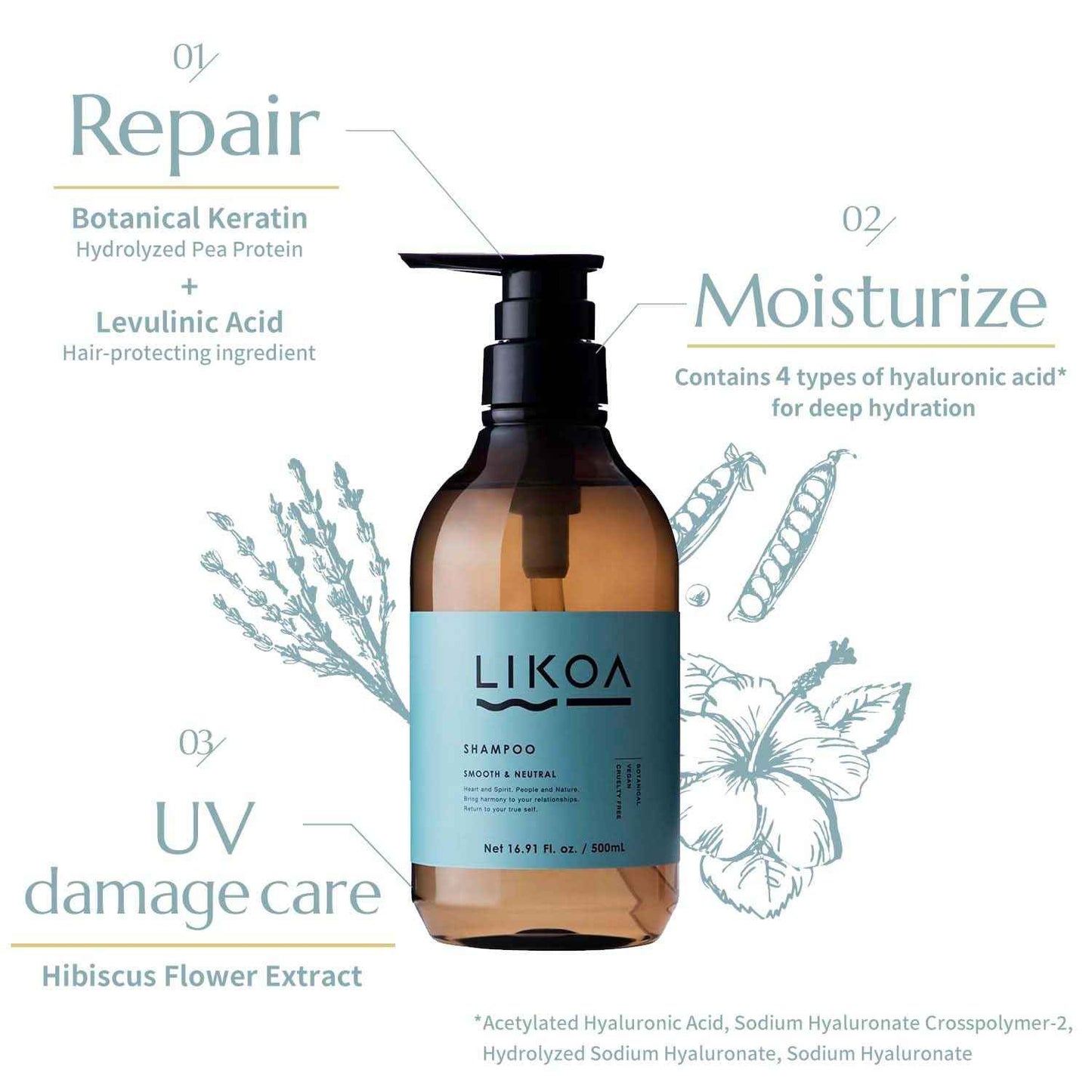 LIKOA, Smooth and Neutral Shampoo, Vegan, Halal, Lightweight Moisture for Fine, Dry, or Tangle-Prone Hair, Botanical Hair Care, White Floral Scent, Made in Japan, 500mL, 16.9 Fl oz