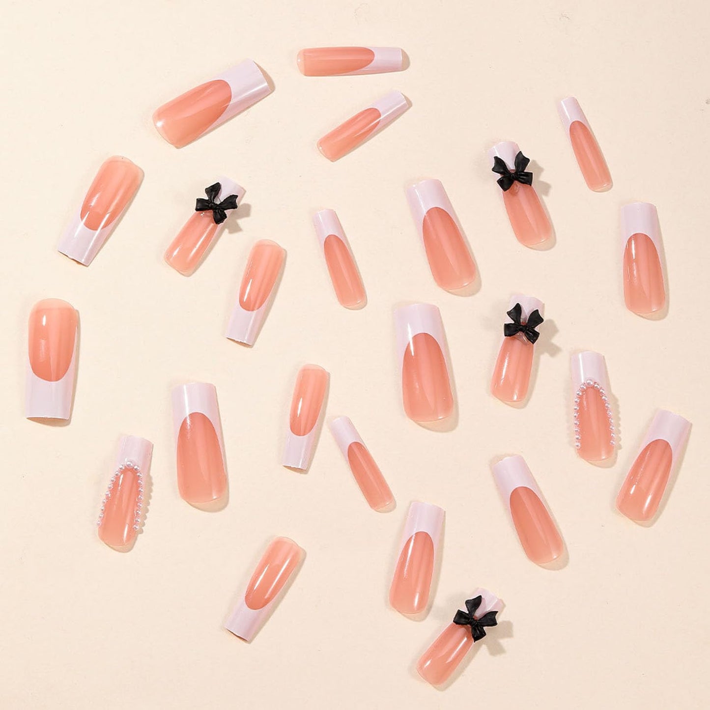 French Tip Press on Nails Long Fake Nails with Black Bow Designs Square Translucent Glue on Nails Glossy Pearl Acrylic Nails Cute & Luxury Nails Decoration for Women 24 Pcs