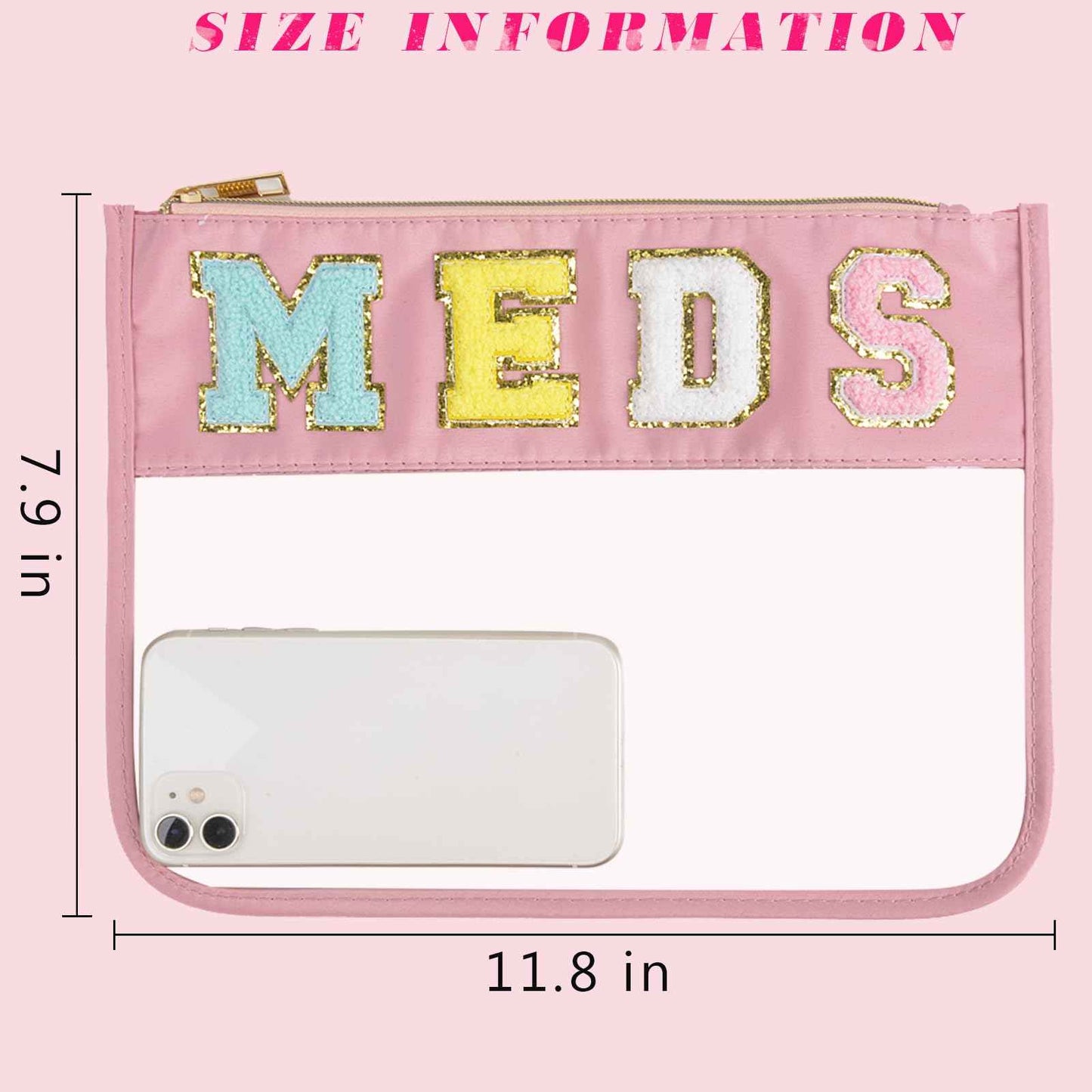 Chenille Snack Bags Letter Clear Snacks Pouch, Preppy Medicine Bag for Travel, Waterproof MEDS Makeup Cosmetic Bag Monogram Nylon and PVC Flat Stadium Purse with Zipper for Women/Girl (Pink MEDS)
