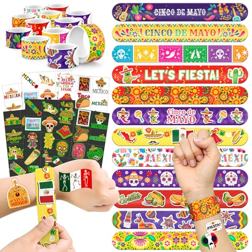 96 PCS Mexican Fiesta Party Favors ? 72 Glow & Regular Tattoos + 24 Slap Bracelets, Perfect for Cinco de Mayo, Birthdays & Cultural Celebrations