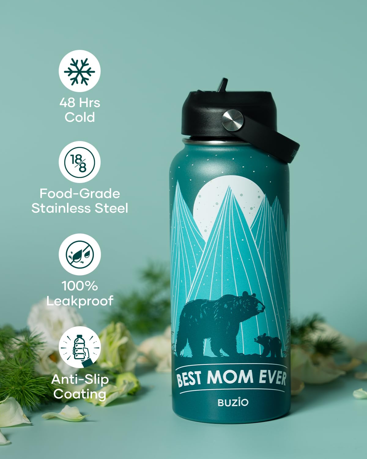 Gifts for Mom Birthday, 32oz Best Mom Water Bottle for Mother Gift, BUZIO Bear Mama Hydro Water Flask with Straw Lid, Stainless Steel Insulated Vacuum Metal Tumbler from Daughter Son, Cold for 48Hrs