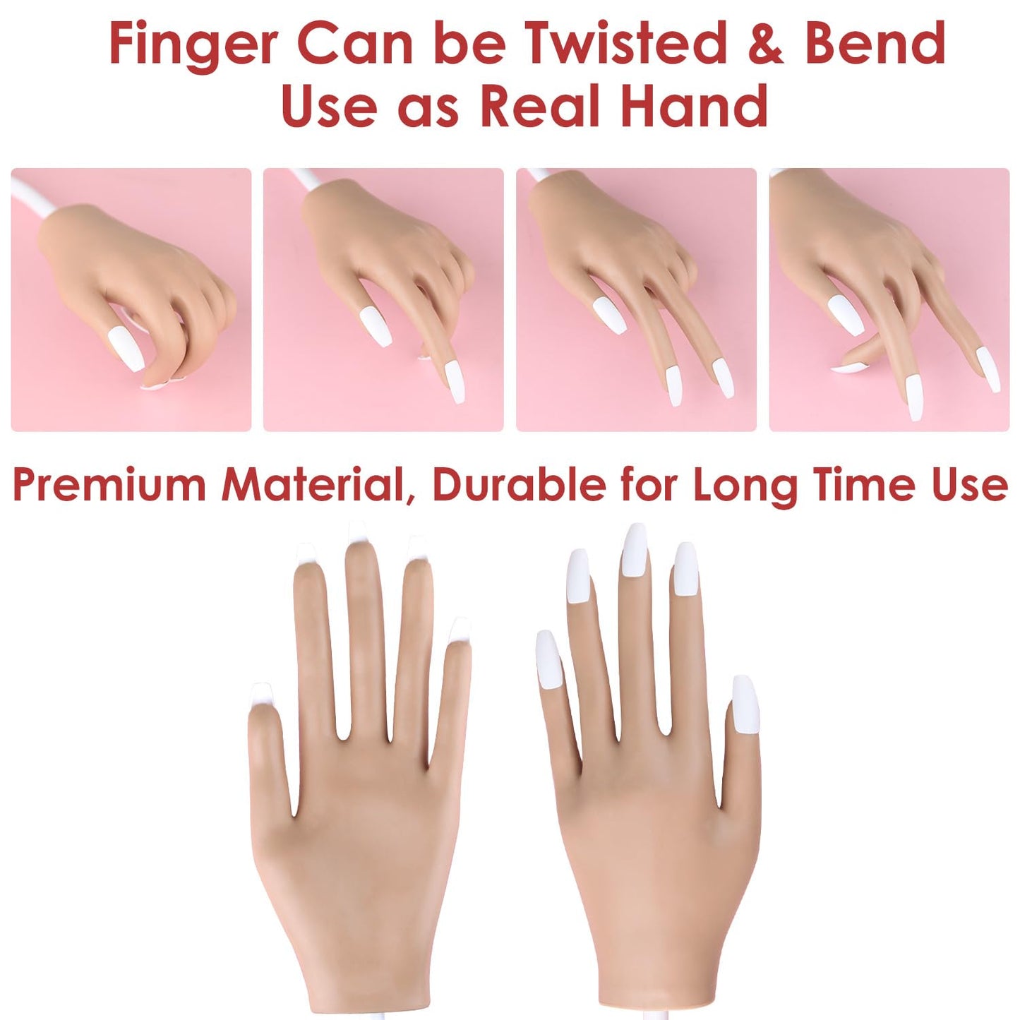 Acrylic Practice Hand Fake Nails Kit, BORNBYME Upgrade Nail Training Adjustable Finger Kits with Nail File, Nail Brush and Nail Brush Kit,200 PCS Nail Tips, White