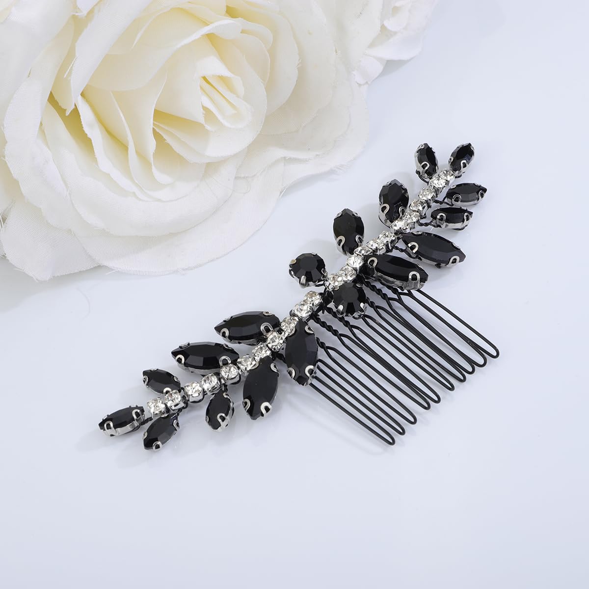 Xerling Brides Wedding Hair Comb Handmade Black Rhinestone Crystal Hair Side Comb Bridal Hair Pieces Boho Headpiece Hair Jewelry Accessories for Women Flower Girls (Black)