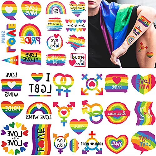 Pride Day Rainbow Temporary Tattoos, 73pcs LGBTQ Fake Tattoo Designs, Gay Parade Body Painting Party Celebration Personality Decoration, Waterproof Stickers, Heart Love Stripes Art Favor Supplies