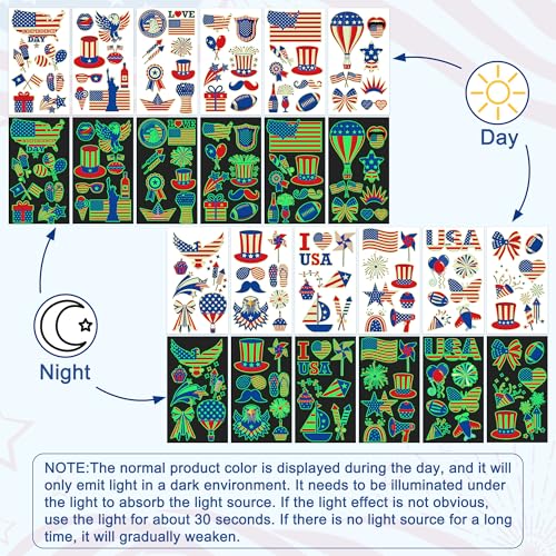 106 Glow in the Dark 4th of July Tattoos, Patriotic Temporary Tattoo Stickers