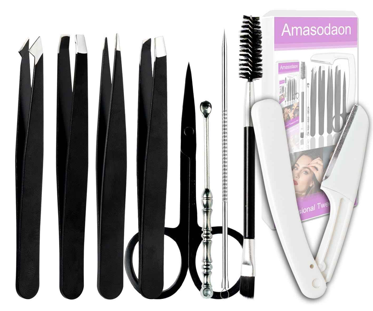 Amasodaon Tweezers Set [9+1 PCS] - Professional Stainless Steel Tweezers for Eyebrows – High-Precision Beauty Tools for Eyebrows, Facial Hair, Splinter & Ingrown Hair Removal