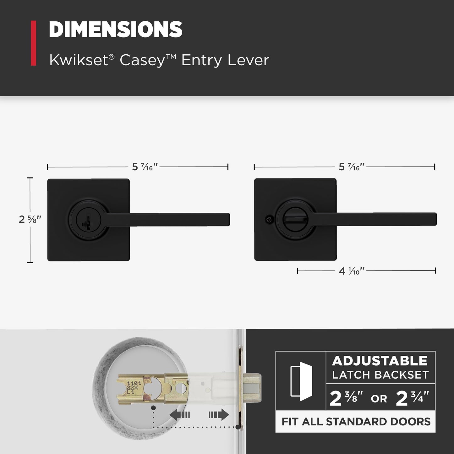 Kwikset Casey Entry Door Handle with Lock and Key, Secure Keyed Reversible Lever Exterior, For Front Entrance and Bedrooms, Matte Black , Pick Resistant Smartkey Rekey Security and Microban