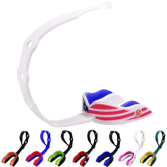 Oral Mart USA Flag Strapped Youth Mouth Guard for Kids - American Flag Sports Mouthguard with Connected Strap for Ice Hockey, Football, Lacrosse, Taekwondo