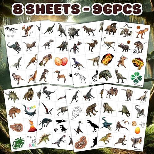 96PCS Dinosaur 3D Pre-Cut Temporary Tattoos - Stickers for Birthday Party Supplies, Decorations, and Favors - Super Cute Gifts for Kids, Boys & Girls, Classroom Prizes, and Themed (Normal)