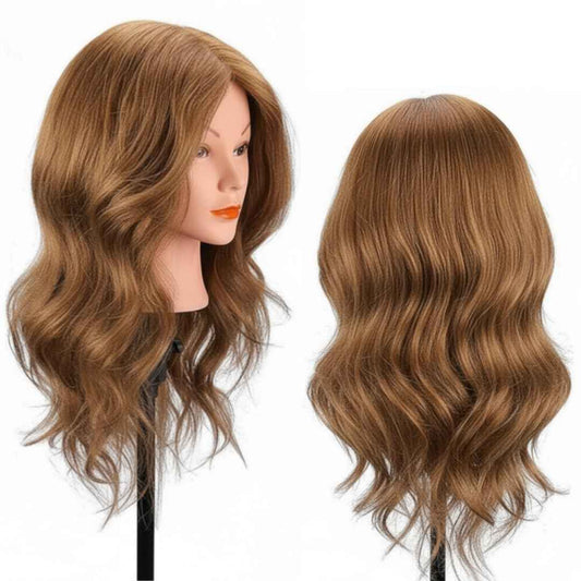 MYSWEETY Mannequin Head with 100% Human Hair, Doll Head for Hair Styling, Manikin Head Cosmetology Makeup Hairdressing Training Head with Clamp Holder and Tools(18" Brown, Makeup)