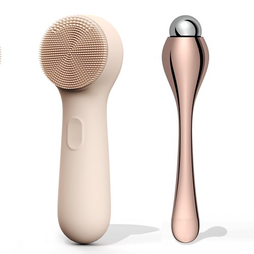 NågraCoola CLIE 2.0 Silicone Face Scrubber, Facial Cleansing Brush, Rechargeable, Waterproof Face Scrub Brush for Deep Cleansing, Exfoliating, Massage, with Eye Roller, for Women and Men - Oat