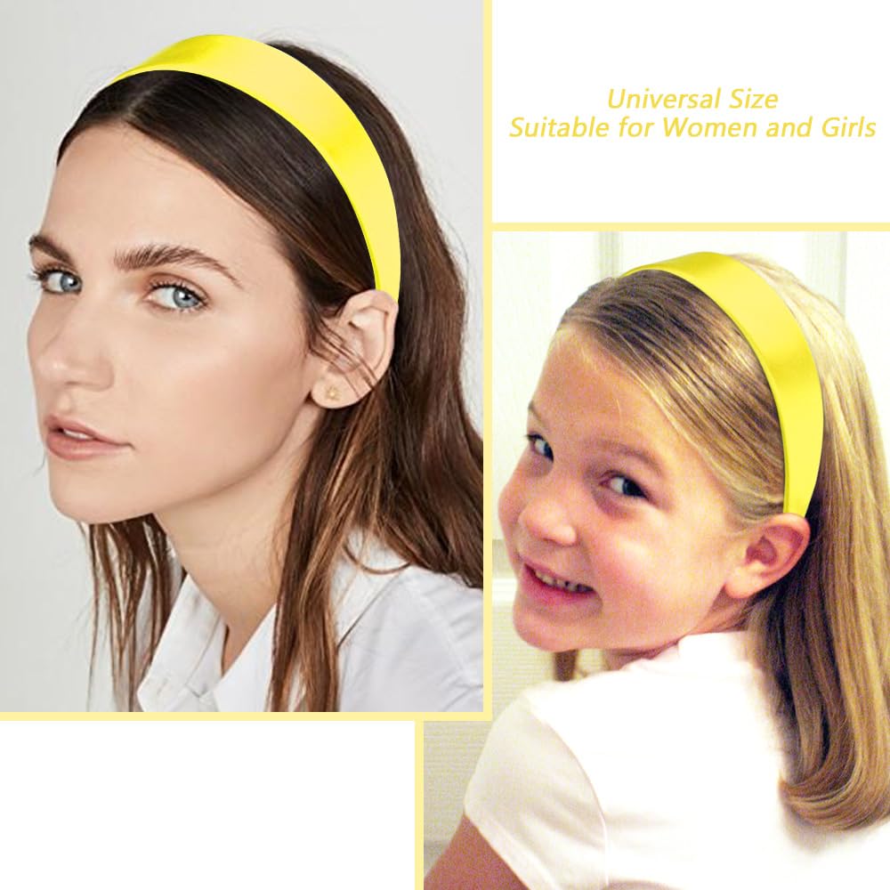 AHONEY Yellow Headband for Women Satin Silk Headband Non Slip 1.57" Wide Plain Head Band Solid Hair Band DIY Fasion Hair Accessories