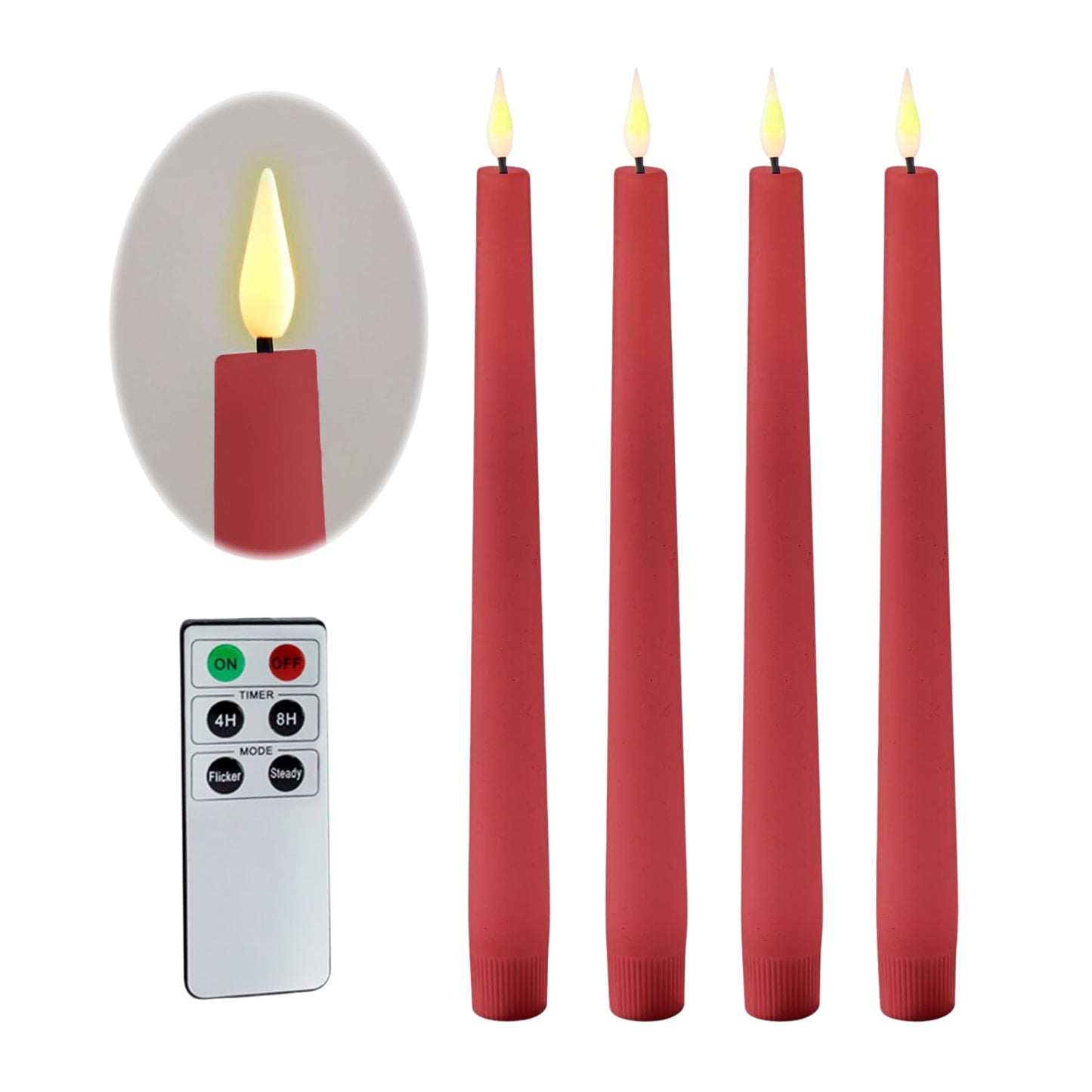 LampLust Flameless Taper Candles, Realistic 3D Flame with Wick, Real Wax, Flickering Flameless Candle LED, Remote & Batteries Included, Home Decor, Mantel & Wedding Centerpieces (9" - 4 Pack - Red)