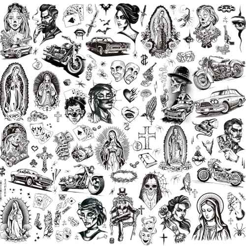 12 Sheets Large Chicano Temporary Tattoos, Cholo and Chola Temporary Tattoos, Chicana Guadalupe Gangster Fake Tattoos Day of the Dead, D?a de Muertos, Tatuajes Temporales, Halloween Mexico Tattoos
