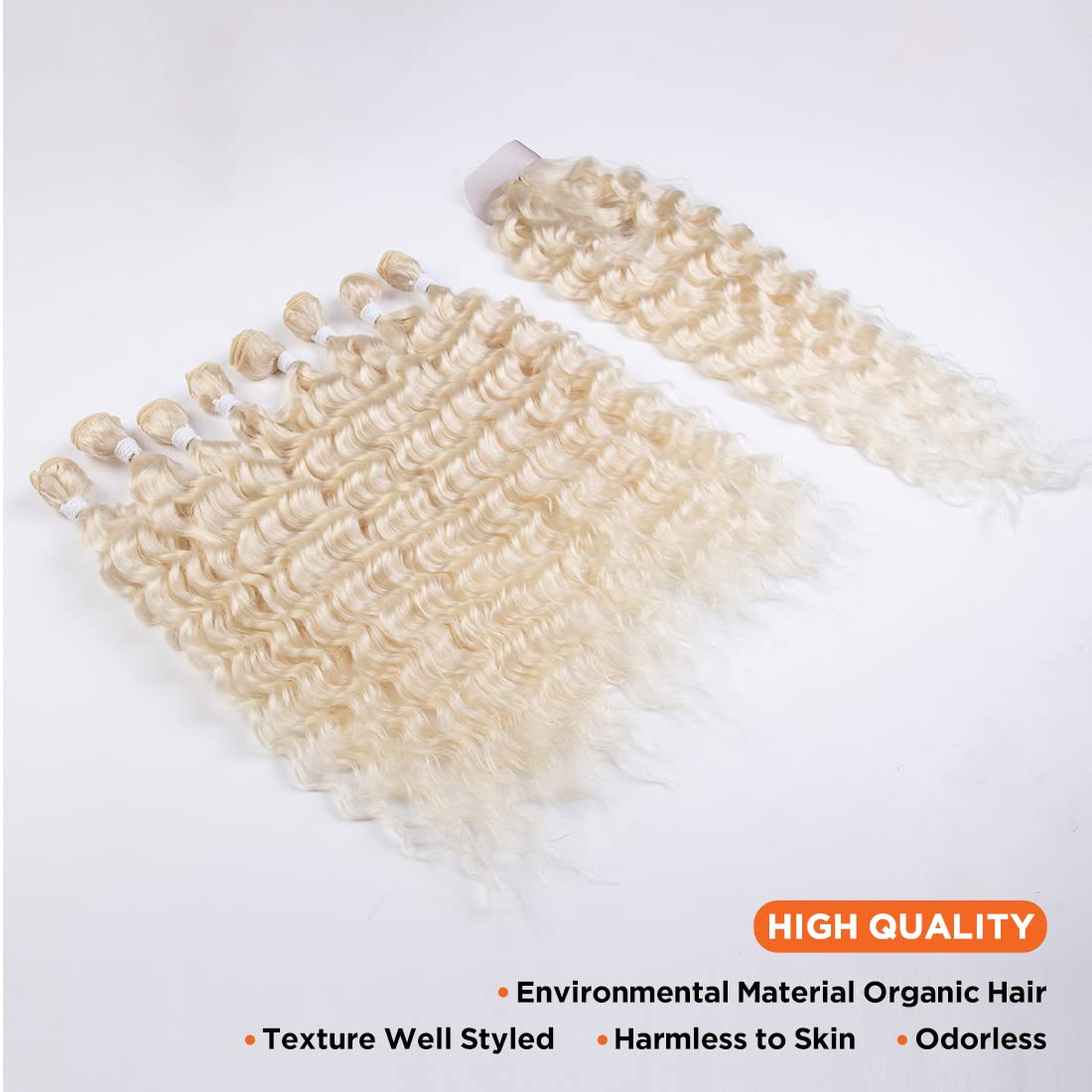 Synthetic Hair 613 Blonde Bundles With Simple Closure Weave Bundles With Frontal Swiss Lace Kinky Curly Hair For Women 9pcs Water Wave 20 Inch 240G High Temperature Fiber