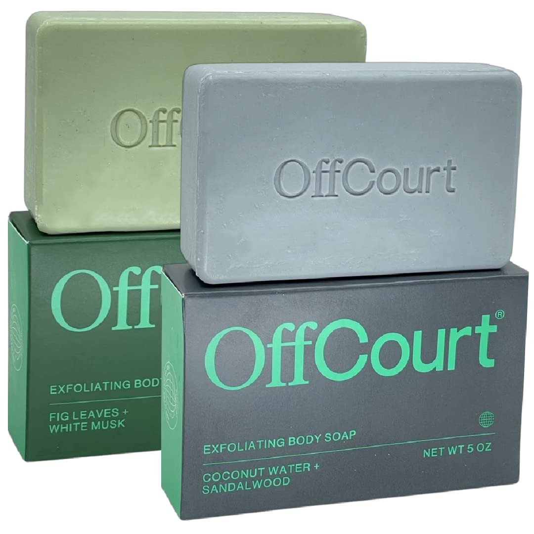 OffCourt Exfoliating Body Soap – Deep Cleansing & Exfoliating Soap for Men & Women. Non-Drying Bar. 2 Fragrances: Fig Leaves + White Musk & Coconut Water + Sandalwood Scent. (5oz, 2 Pack)