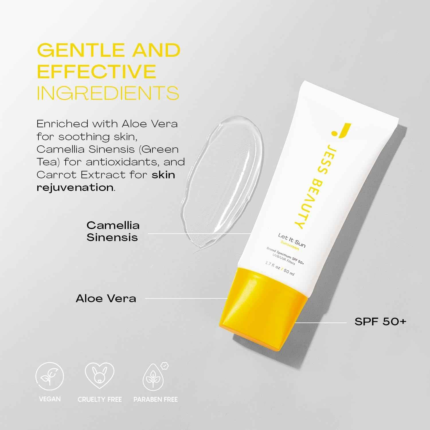 JESS BEAUTY | Let it Sun 50+ Sunscreen Green Tea & Aloe Extract | Skincare Sun Protection 1.7 fl oz