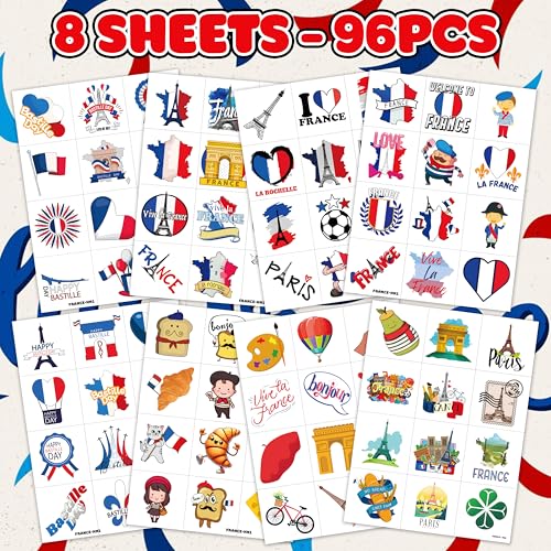 96 Pcs Paris Theme Pre-Cut Temporary Tattoos - Eiffel Tower Party Favors