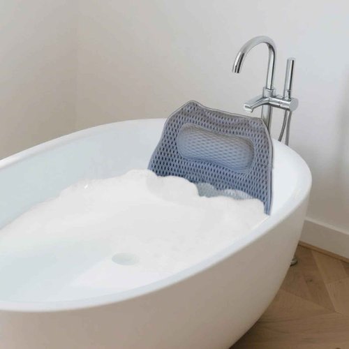 Bath Pillow with 48 Strong Suction Cups - 4D Air Mesh Bathtub Pillow for Neck, Head, Shoulder & Back Support - Extra Thick, Quick-Drying Spa Pillow with Built-in Hook(Grey)