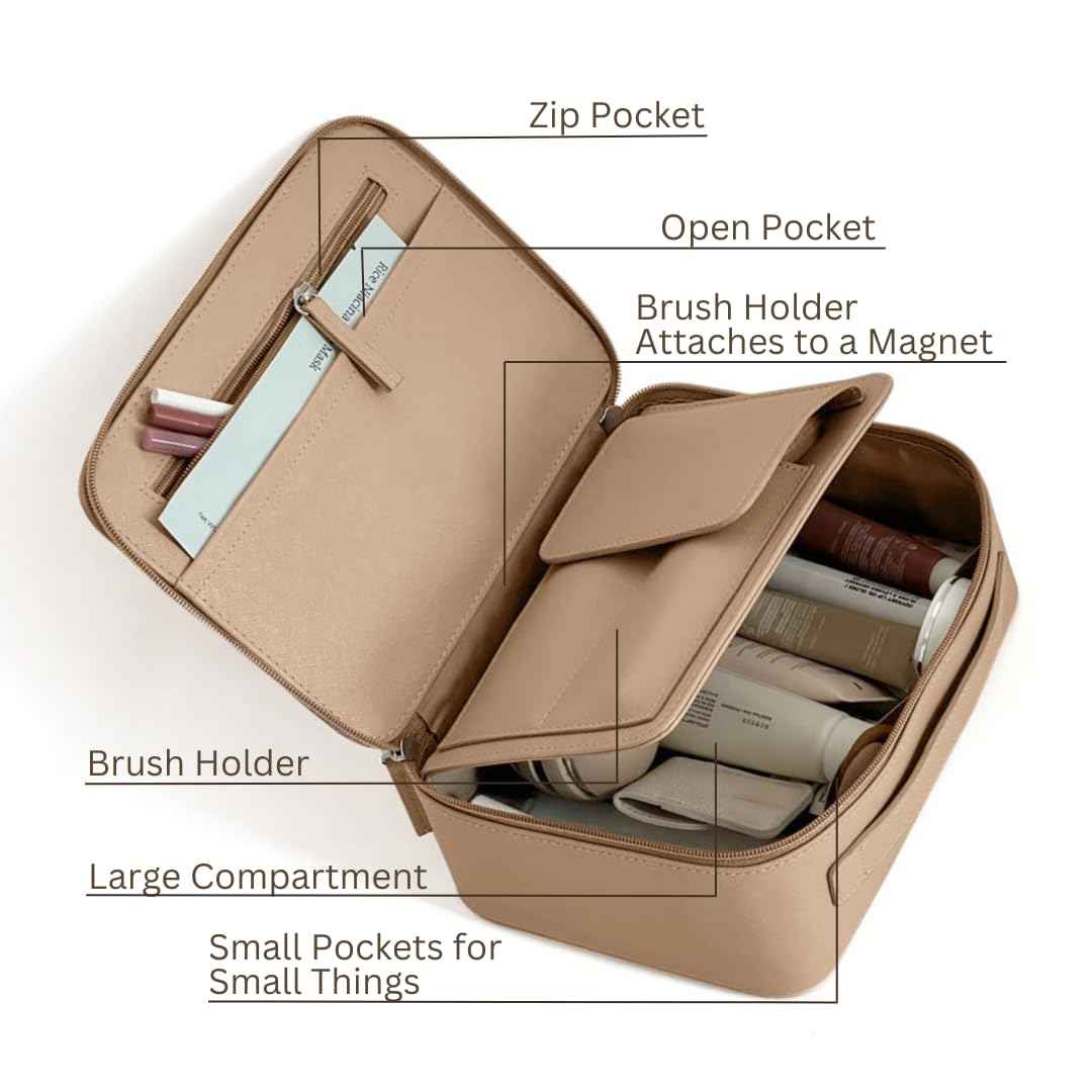 MELINE Leather Makeup Bag with Brush Holder,Travel Cosmetic Case for Women,Large Capacity Waterproof Toiletry Bag with Handle,Stylish and Durable Makeup Organizer (Khaki Brown)
