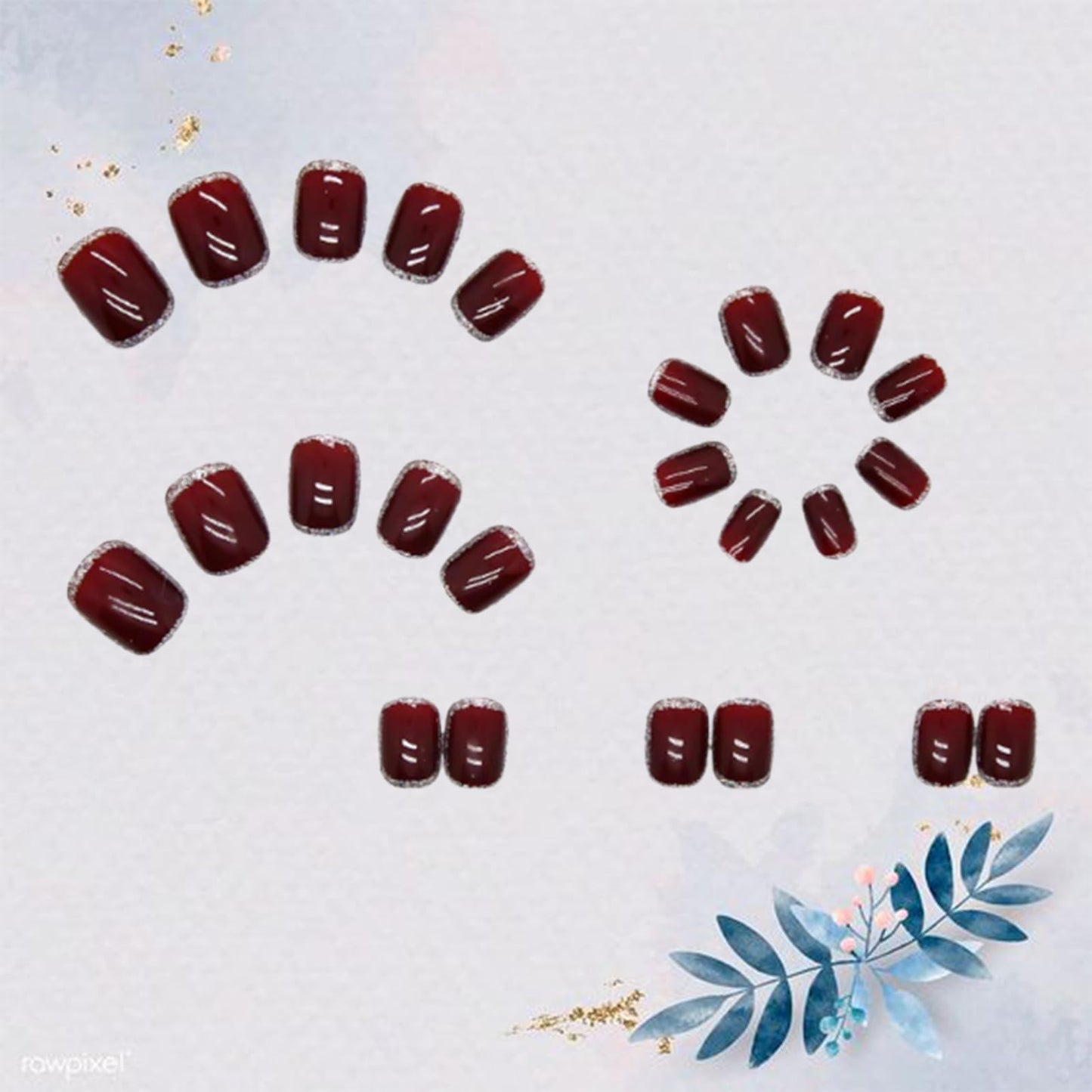 Short Press on Nails Square Red Rose Sliver Foil Fake Nails Dark Red Luxury Marble Silver Foil Surround in Glitter Designs Full Cover Stick on Nails Glossy Artificial False Nails for Women 24Pcs