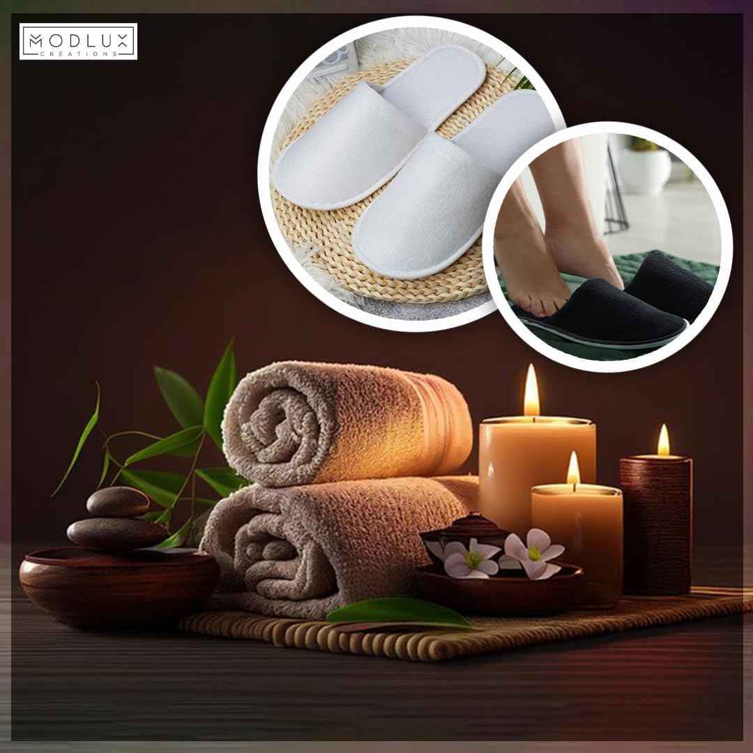 Modlux Spa Slippers – 6 Pairs of Cotton Velvet Closed Toe Slippers – Thick, Soft, Non-Slip, Disposable Slippers – Home, Hotel, or Commercial Use (6 Pack Large, Black)