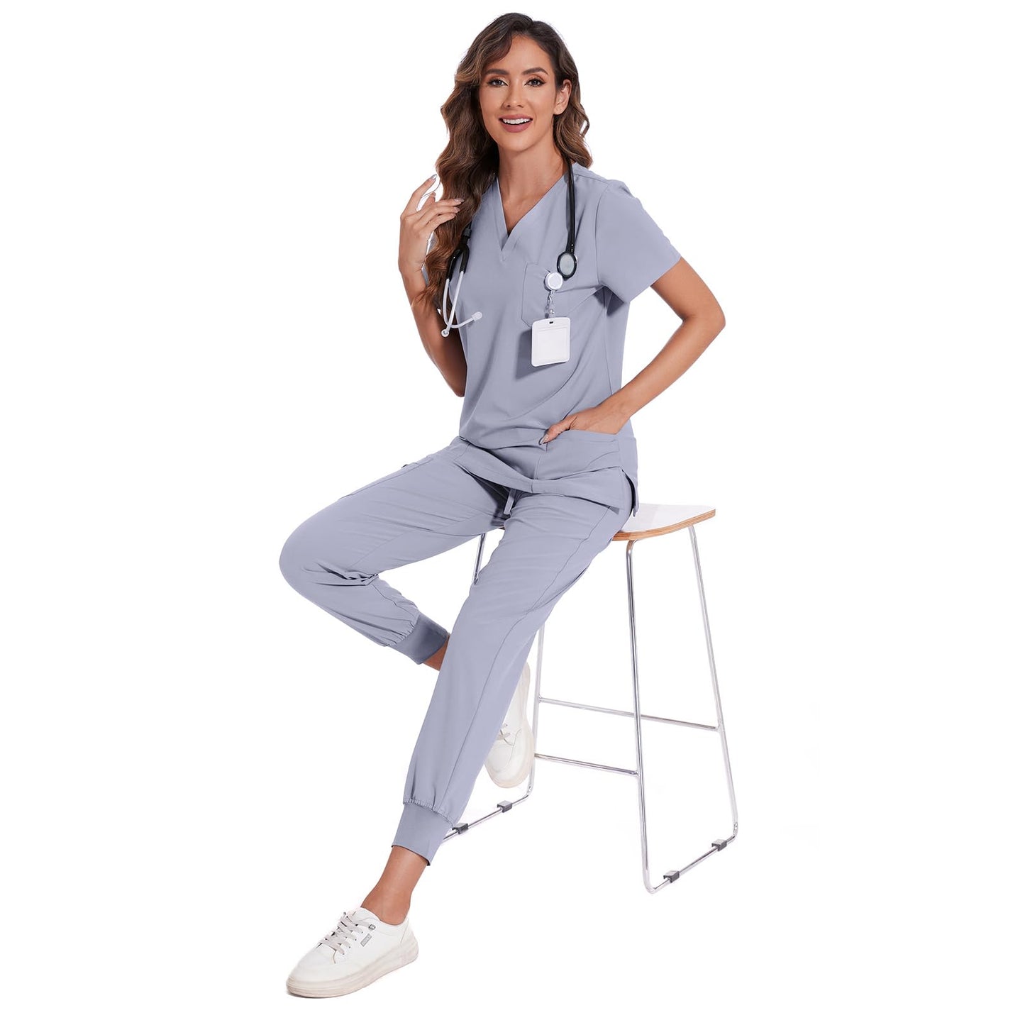 COZYFIT Scrubs for Women Set - Stretch V-Neck Scrub Top & Jogger Pant with 8 Pockets, Yoga Waistband, Anti Wrinkle, Slim Fit Women Scrubs - Light Grey, S