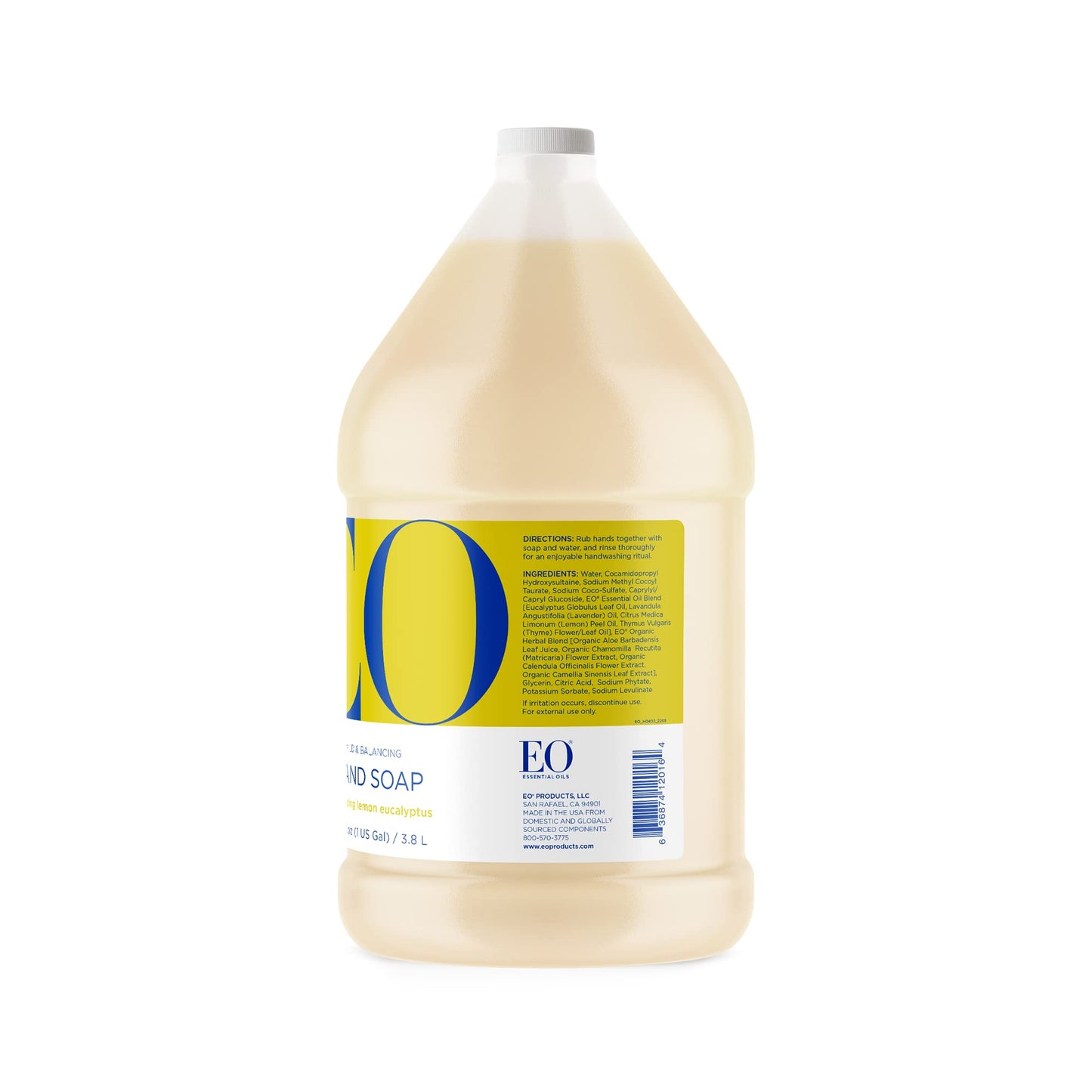 EO Liquid Hand Soap Refill, 1 Gallon, Lemon and Eucalyptus, Organic Plant-Based Gentle Cleanser with Pure Essential Oils