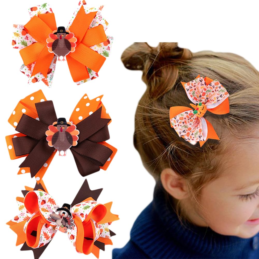 Thanksgiving Turkey Hair Bow Clips Toddler Girls Kids Glitter Large Ribbon Hairpin Fall Yellow Hair Barrettes Accessories for Thanks Day Party Favor Gift (Bowknot Turkey)