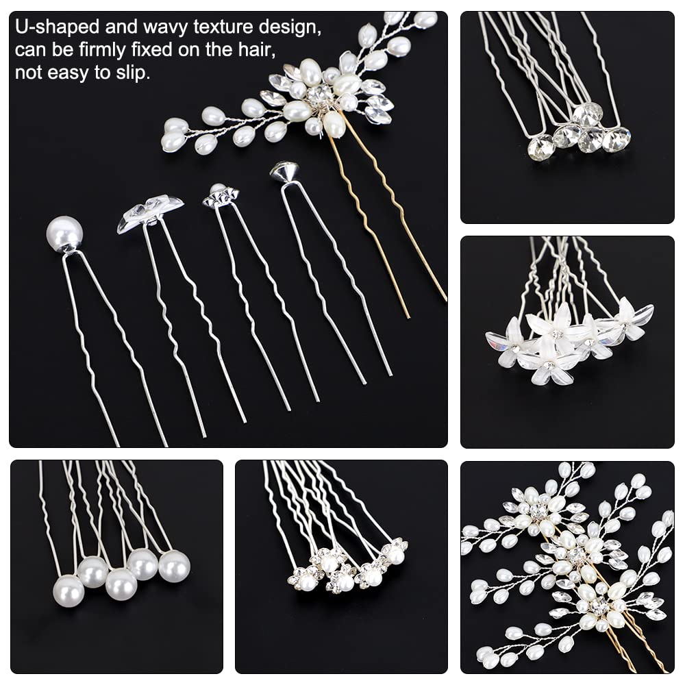 23Pcs Wedding Hair Pins, FHDUSRYO Bridal Pearl Rhinestone Hair Clips, U Shaped Flower Crystal Hair Accessories Diamond Hairpin for Bridesmaid Women Girls Ladies (5 Thems)