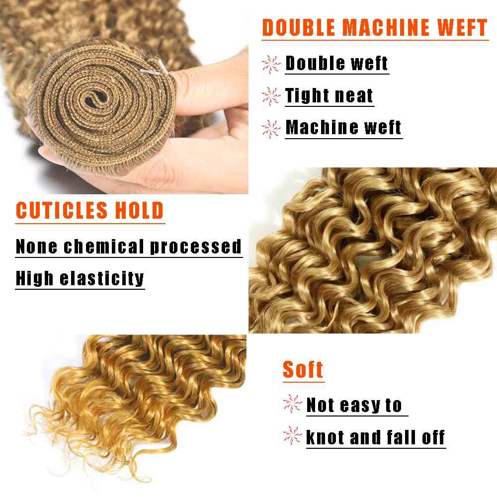 Honey Blonde Human Hair Bundles 16 18 20 Inch Deep Wave Bundles Human Hair Unprocessed Native Virgin Hair 100/PC 3 Extensions #27 Blonde Color Wet and Wavy Human Hair Extensions for Women