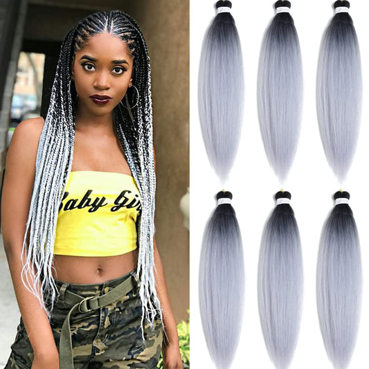 Pre Stretched Braiding Hair Extensions 30 Inch 6 Packs Long Professional Crochet Twist Braids Hair High Temperature Synthetic Fiber Yaki Texture(30",black-silver grey)