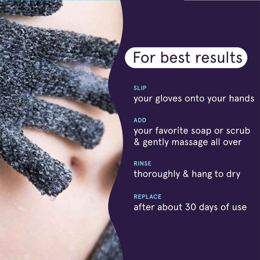 Cleanlogic Detoxify Charcoal Infused Exfoliating Glove, Stretchy Bath & Shower Gloves, Reusable Exfoliator Tool for Smooth & Softer Skin, 3 Pairs, 6 Count Value Pack
