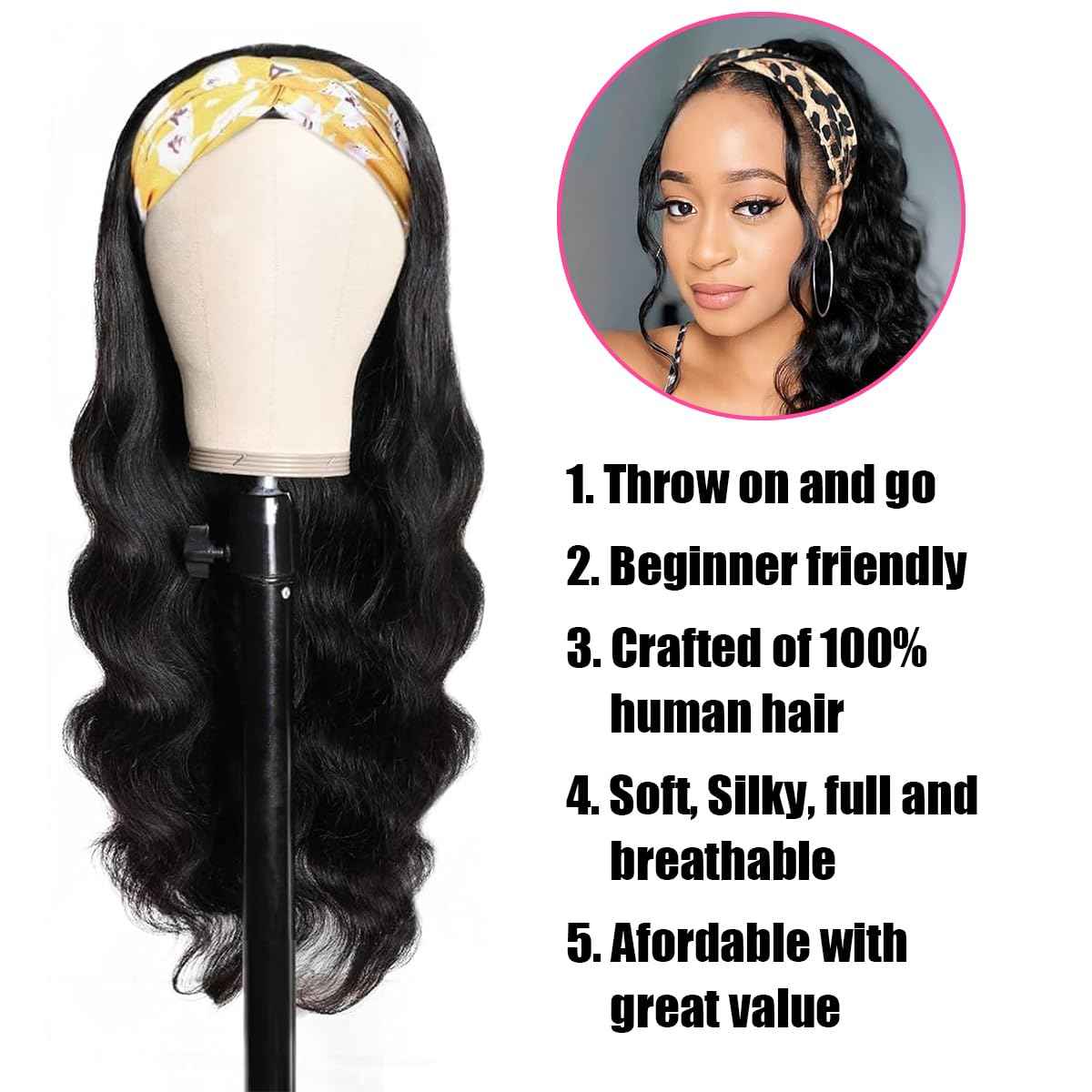 Lauberita Headband Wig Human Hair for Women 18-Inch 180% Density Body Wave Headband Wigs Glueless Human Hair Wig(Body Wave, Natural Black)