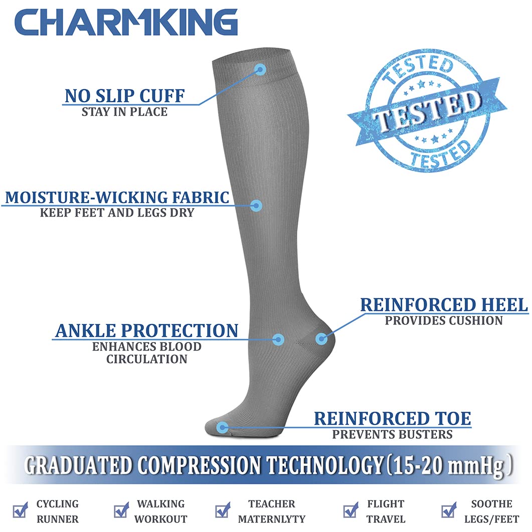 CHARMKING Compression Socks for Women & Men Circulation (3 Pairs) 15-20 mmHg is Best Athletic for Running, Flight Travel, Support, Cycling, Pregnant - Boost Performance, Durability (S/M, Multi 52)