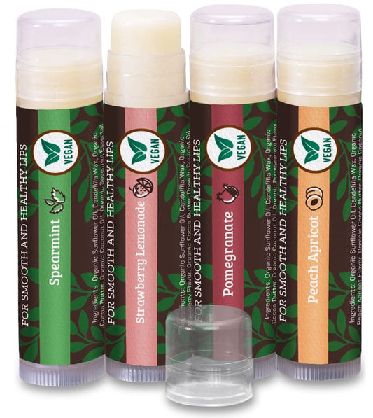 Vegan Lip Balm by Earth’s Daughter, Beeswax Free Lip Balm, Natural, Organic Flavors - 4 Pack of Assorted Flavors, Plant Based Vegan Chapstick, Lip Moisturizer