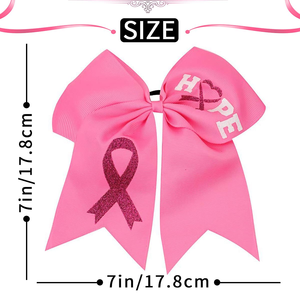 2PCS 7" Large Breast Cancer Awareness Cheer Hair Bows, Glitter Pink Ribbon Bow Ponytail Holder for Cheerleader Girls Cheerleading Hair Accessories Elastic Hair Band for Kids Women Breast Cancer Month