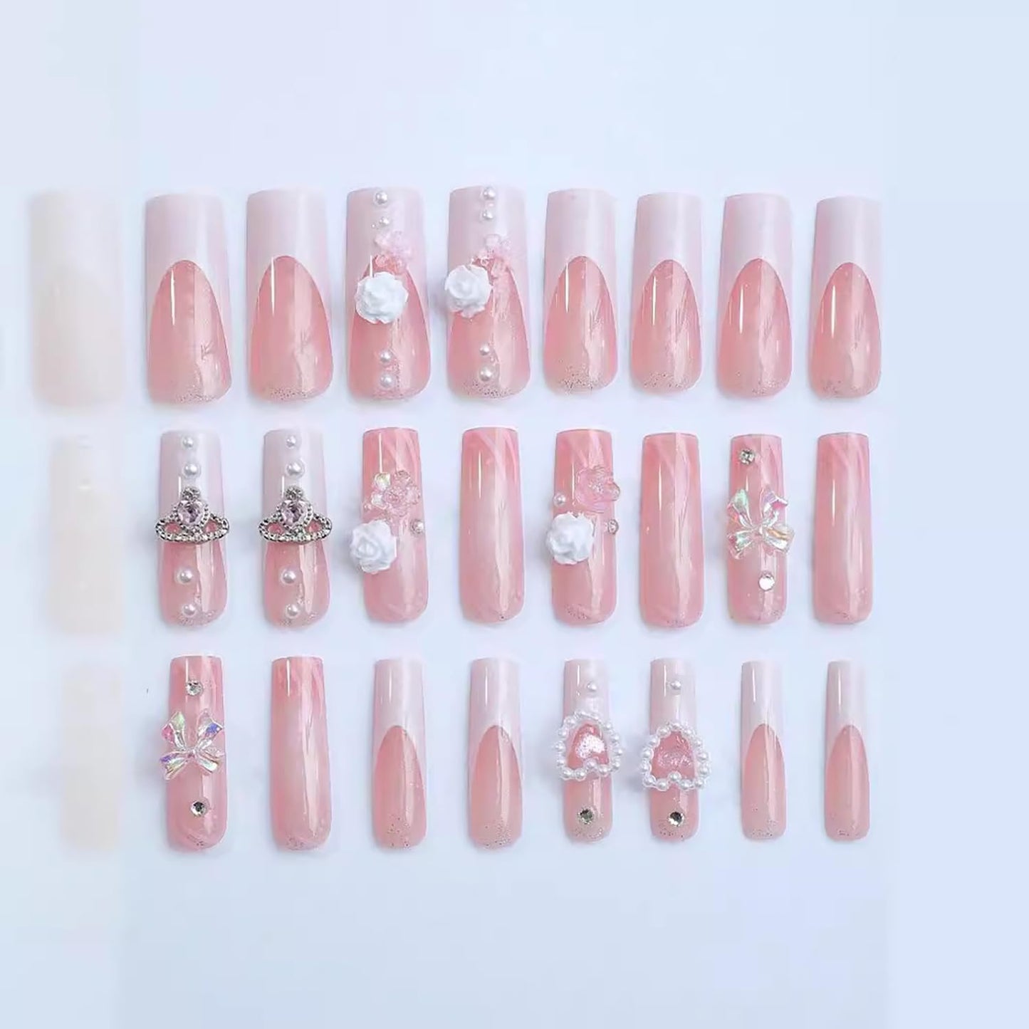 24 Pcs Long Square Press on Nails Coffin RIICFDD Nude Pink Fake Nails Bow Nail Charms Designs False Nails Flower Nail Charms Press on Nail French Acrylic Nails Full Cover Spring False Nails for Women